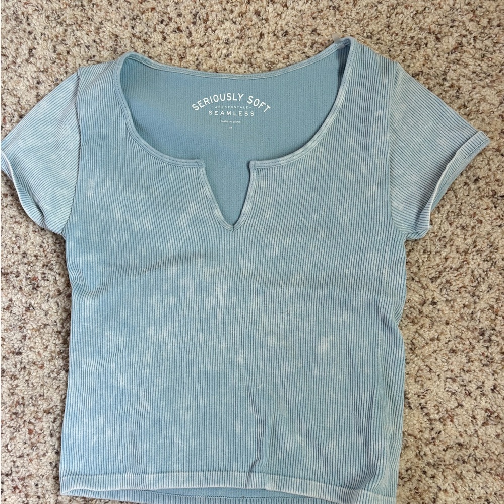 Aeropostale blue tie diy ish baby tee. Ribbed material. Tight fitting
